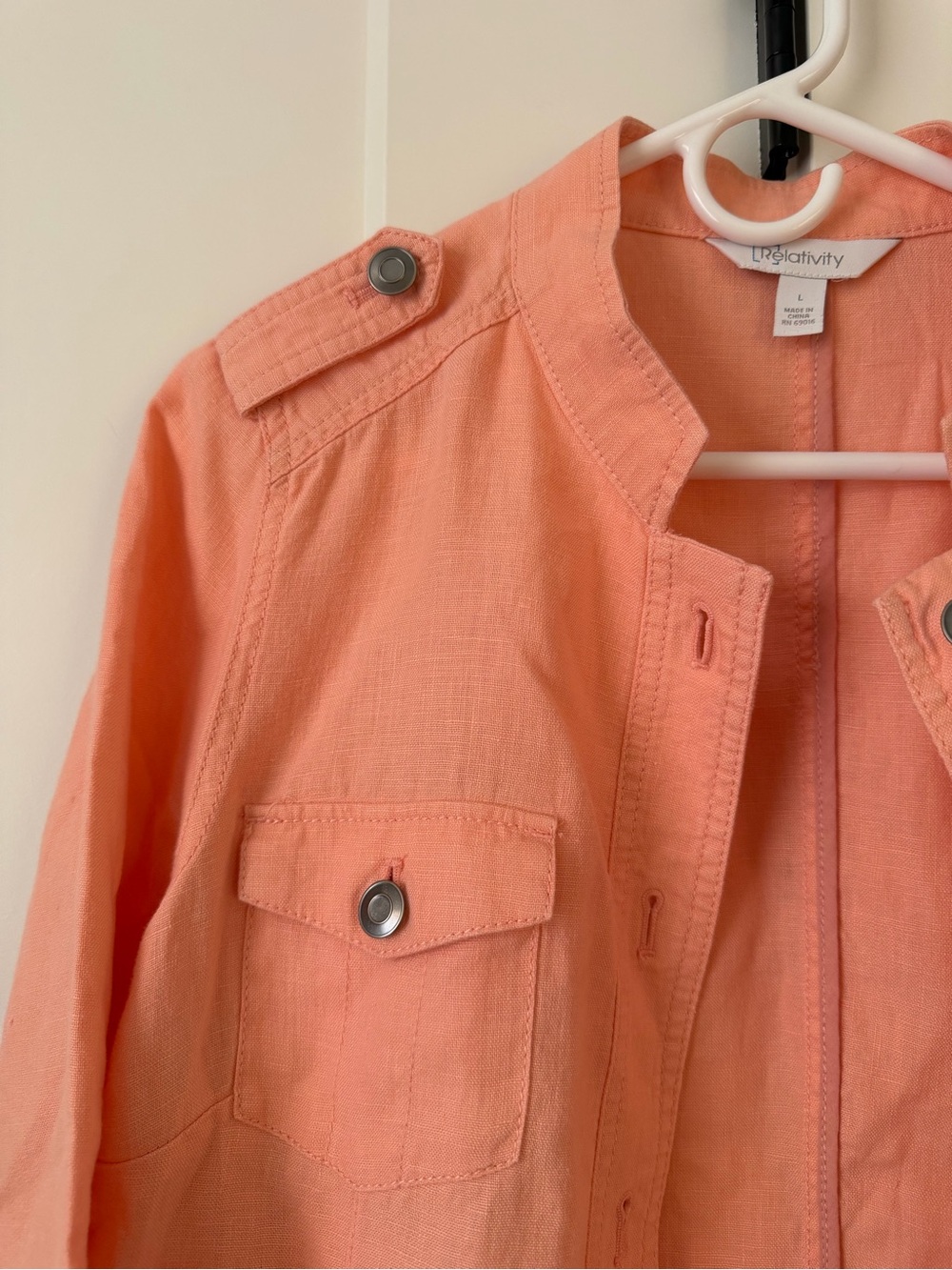 Women’s Lightweight Coral/peach Utility Jacket 100% Linen size large - Picture 4 of 6